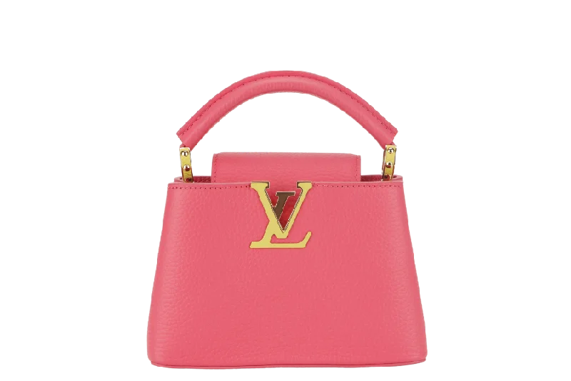 Louis Vuitton handbags with a patent - leather finish for a shiny lookLOUIS VUITTON MINI CAPUCINES (M59440) PINK-LIME TAURILLON LEATHER GOLD HARDWARE MICROCHIP WITH STRAP, DUST COVER AND BOX