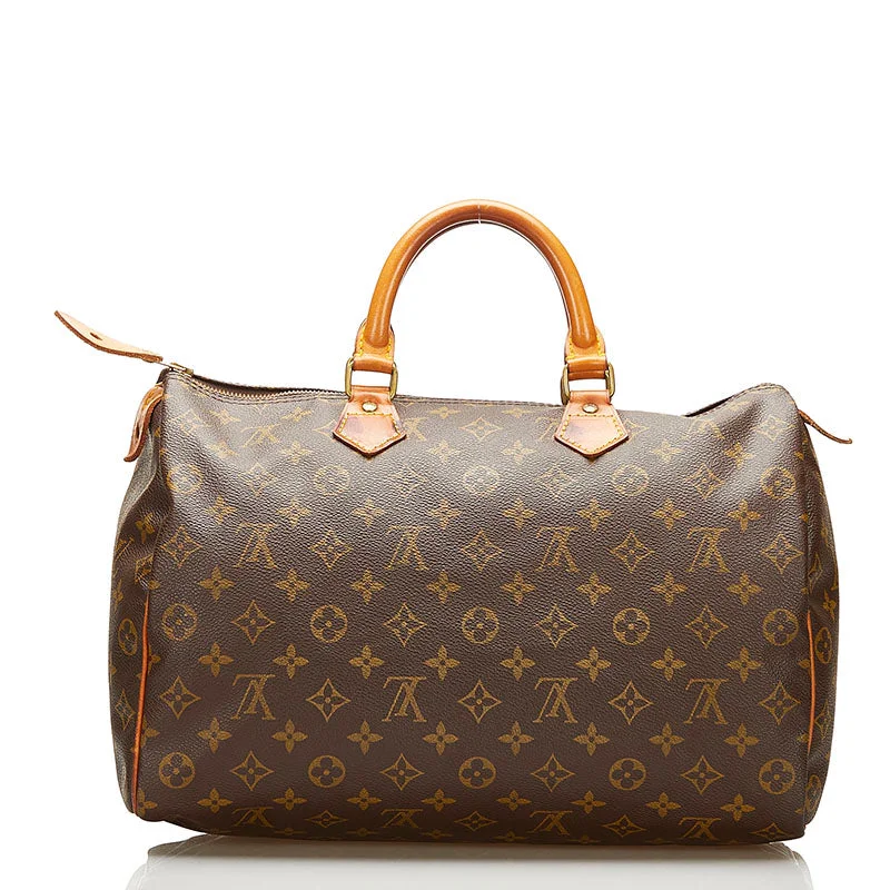 Louis Vuitton handbags with a patent - leather finish for a shiny lookLouis Vuitton Brown Canvas Speedy 35 handbag bag