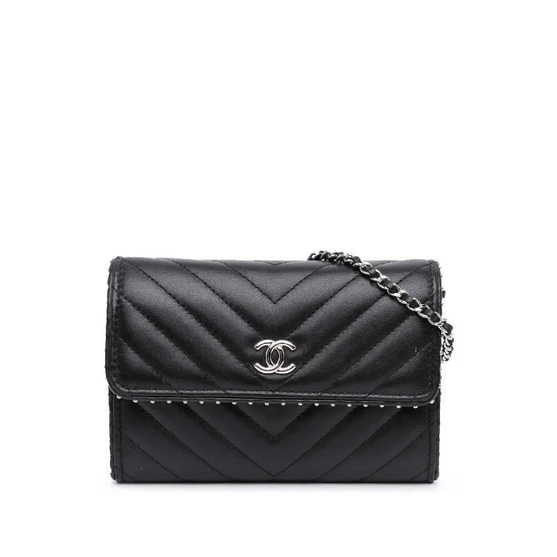 Chanel Quilted Leather Shoulder Bag for FashionistasBlack Chanel CC Chevron Lambskin Studded Wallet On Chain Shoulder Bag