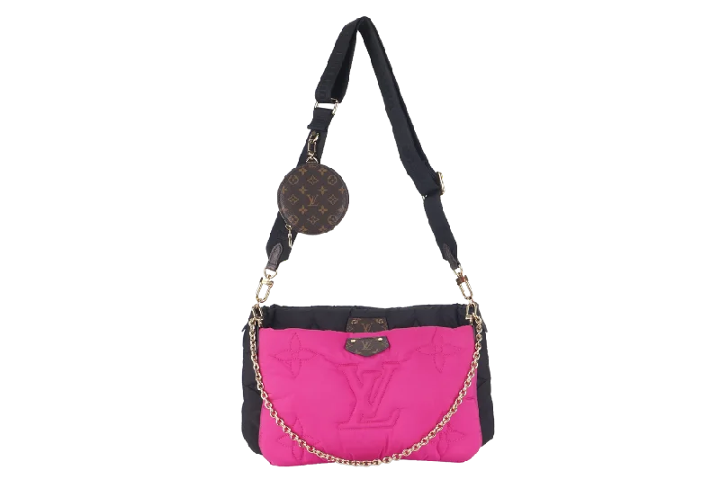 Louis Vuitton Speedy bags in monogram canvas for a classic lookLOUIS VUITTON MAXI MULTI POCHETTE (M58980) BLACK AND FUCHSIA NYLON PILLOW MONOGRAM WITH GOLD CHAIN , STRAP WITH DUST COVER