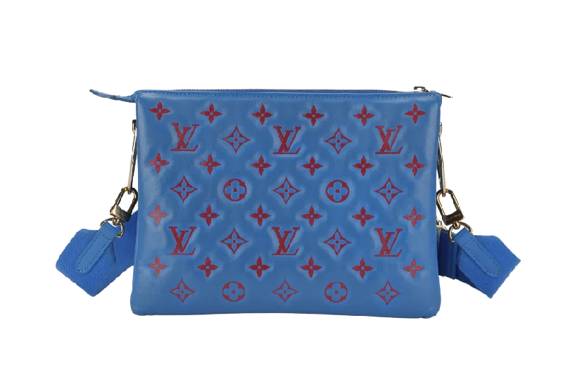 Louis Vuitton crossbody bags with a woven leather strap for textureLOUIS VUITTON COUSSIN CROSSBODY BAG PM BLUE & RED EMBOSSED LAMBSKIN GOLD HARDWARE MICROCHIP WITH DUST COVER AND BOX