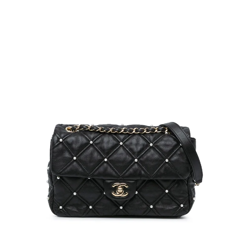 Chanel Colorful Handbag for Spring OutfitsBlack Chanel Medium Quilted Lambskin Pearl Studs Flap Shoulder Bag