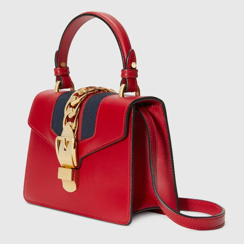 Medium - sized Women Gucci handbags for everyday useGucci SyLouis Vuittonie Leather Mini Top Handle Hibiscus Red Bag