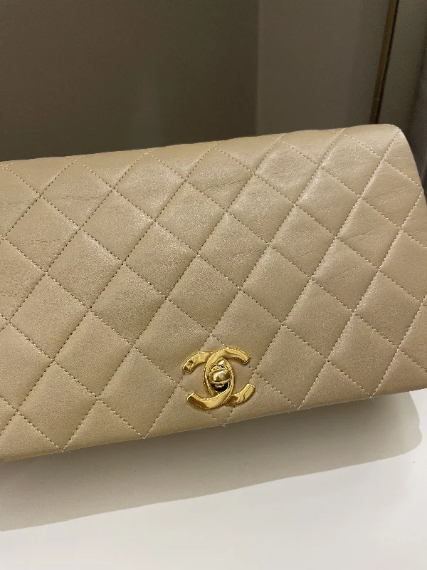 Chanel Designer Handbag with Unique DesignChanel Vintage Quilted Full Flap Bag Beige Lambskin