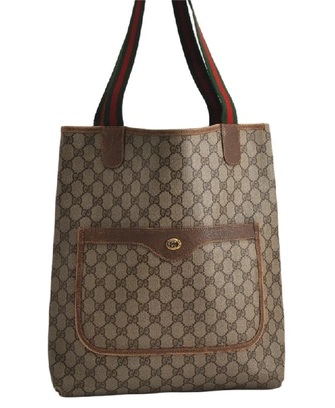 Ladies Gucci shoulder bags with a single - handle designAuthentic GUCCI Web Sherry Line Shoulder Tote Bag GG PVC Leather Brown 0622K