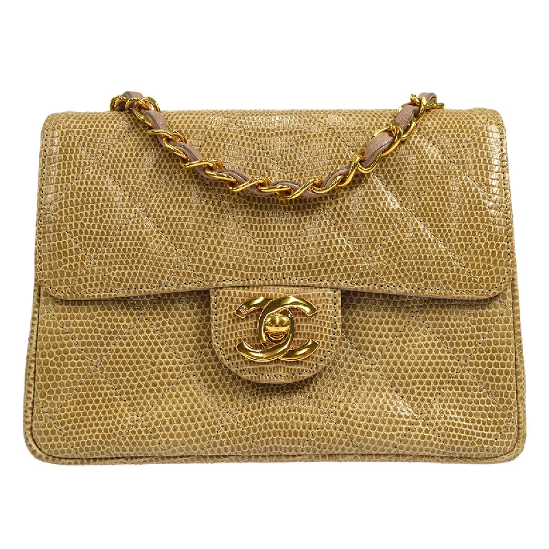 Chanel Quilted Leather Shoulder Bag for FashionistasCHANEL * 1991-1994 Classic Square Flap Mini Beige Lizard