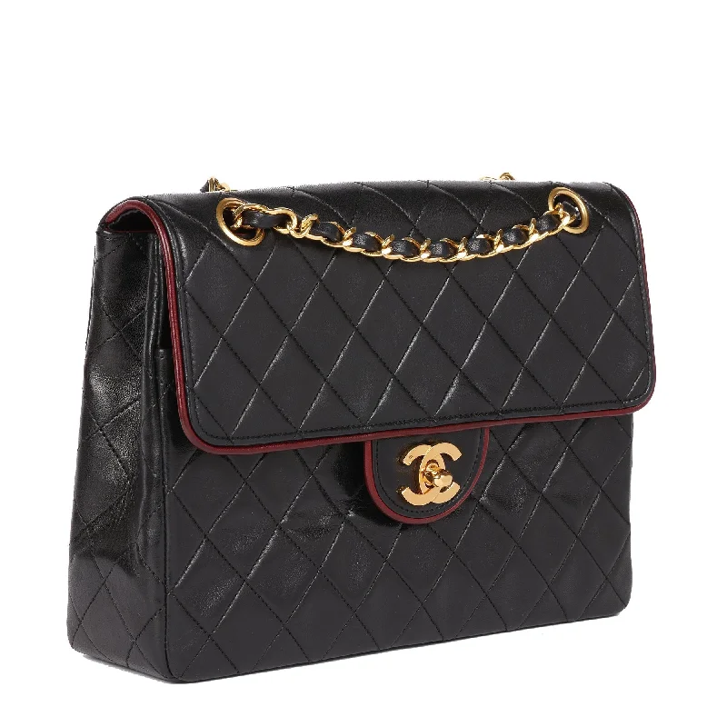 Chanel Designer Handbag with Unique DesignChanel Black Quilted Lambskin Vintage Medium Classic Single Flap Bag with Red Trim Shoulder Bag