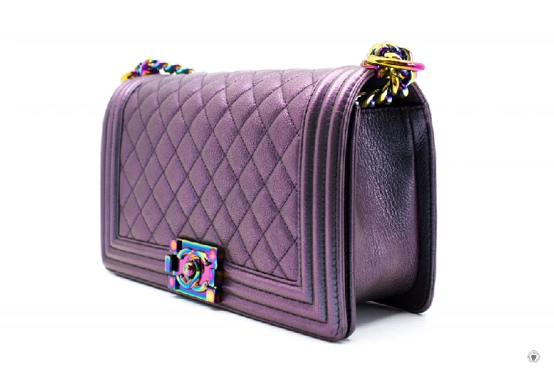 Chanel Handbag with Adjustable Strap for ComfortChanel A67086 Boy Rainbow  Iridescent Purple  Calfskin Medium Shoulder Bags