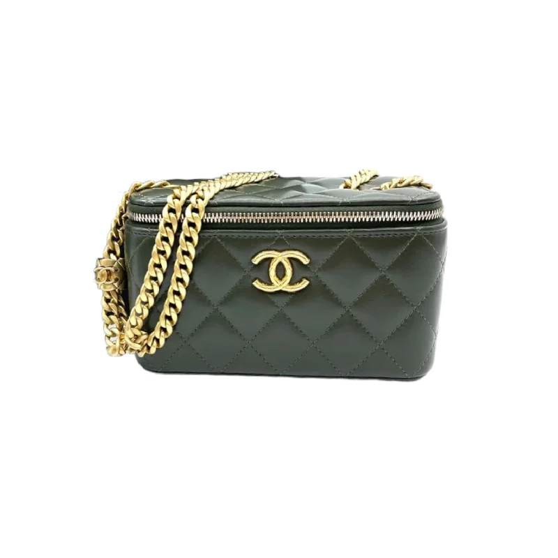 Chanel Small Crossbody Bag for TravelLambskin Quilted Vanity Case Green GHW