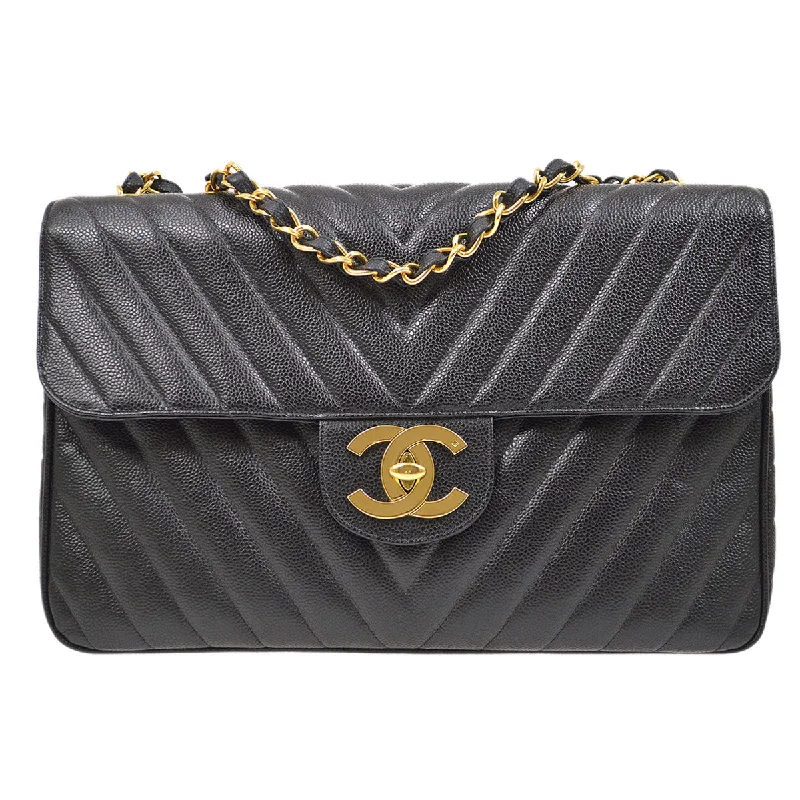 Chanel Limited Edition Handbag for CollectorsCHANEL 1991-1994 Black Caviar Chevron Classic Flap Bag Maxi