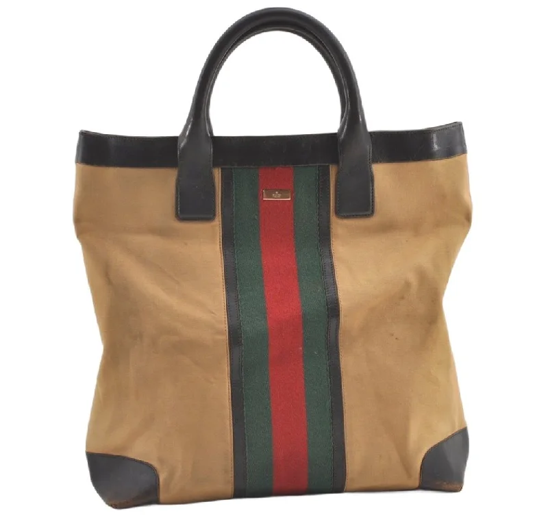 Women Gucci Sylvie bags with a crystal - embellished web stripeAuthentic GUCCI Web Sherry Line Tote Bag Canvas Leather 0021121 Beige 0547K