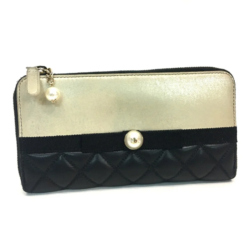 Chanel Chain Strap Handbag for Everyday UseChanel A82472 Pearl ribbon CC Mark logo Long Wallet Champagne Gold x Black