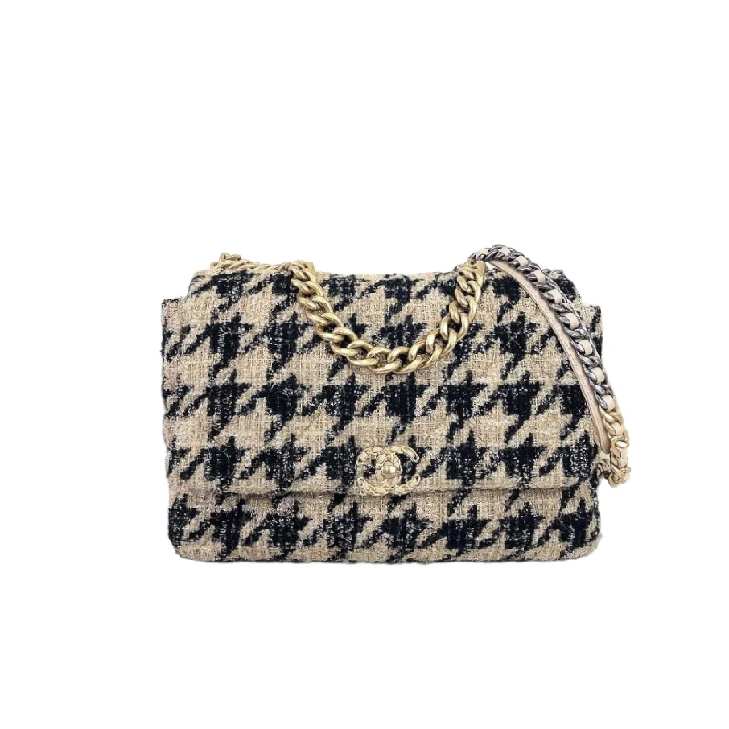 Chanel Quilted Leather Shoulder Bag for FashionistasMaxi Chanel 19 Houndstooth Tweed 19K Beige Black Flap Bag