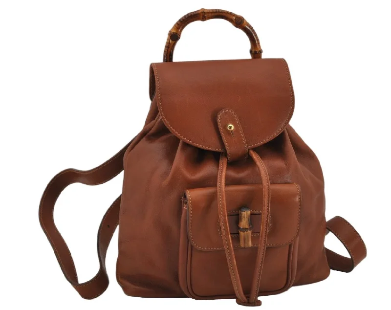 Gucci backpacks for women with a padded laptop compartmentAuthentic GUCCI Vintage Bamboo Drawstring Backpack Purse Leather Brown 0563K