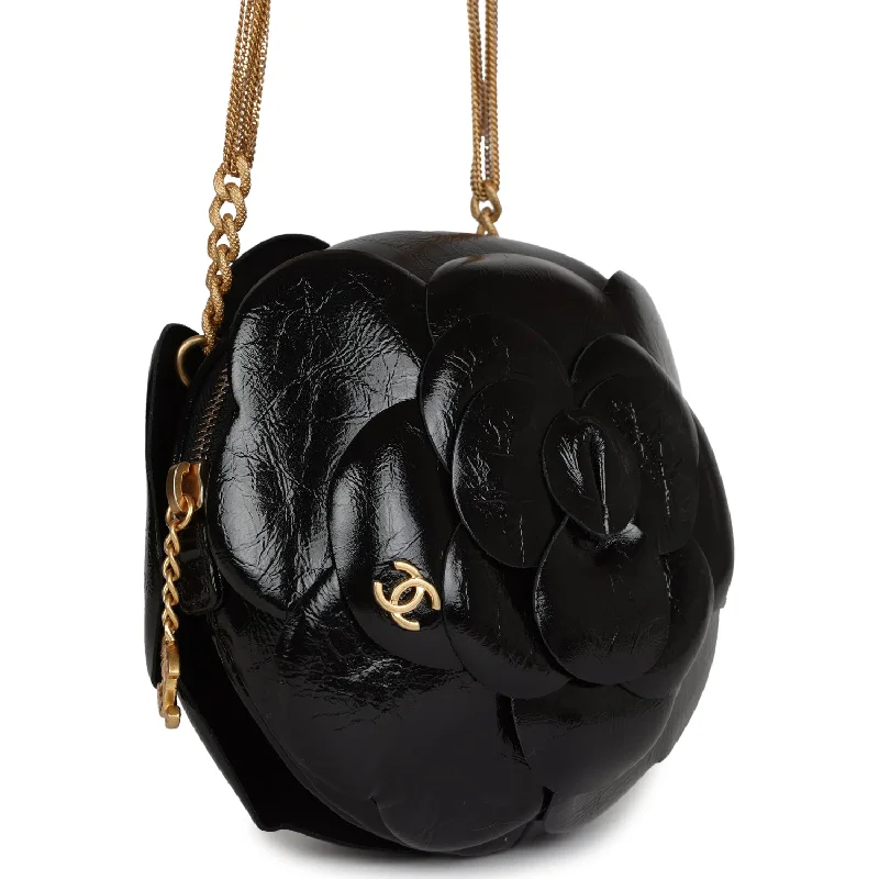 Chanel Designer Handbag with Unique DesignChanel Camellia Clutch with Chain Black Shiny Calfskin Gold Hardware