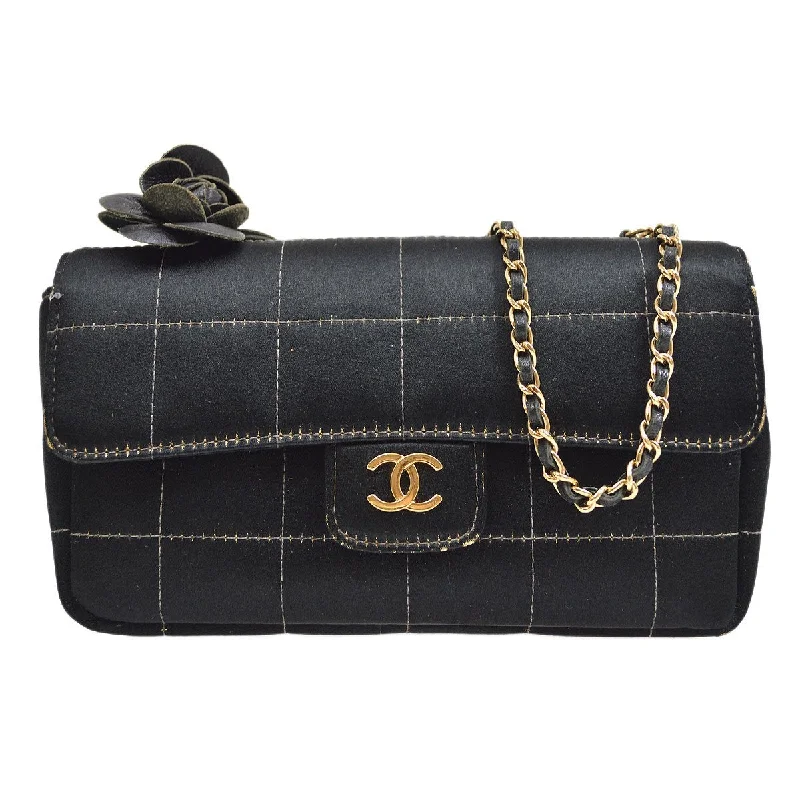 Chanel New Arrival Handbag with Gold HardwareCHANEL 2003-2004 Camellia Choco Bar Chain Shoulder Bag Black Satin