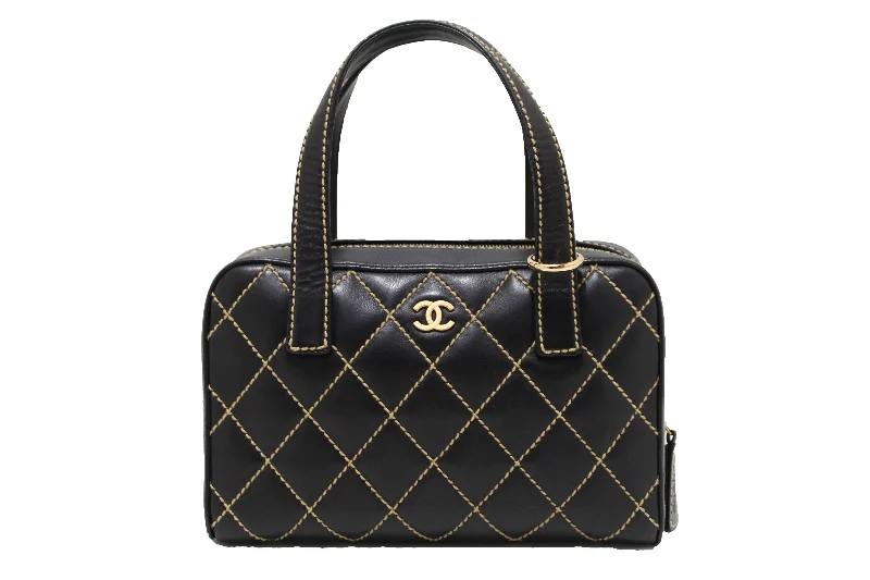 Chanel New Arrival Handbag with Gold HardwareChanel Black Calfskin Leather Contrast Stitch Surpique Bowler Bag