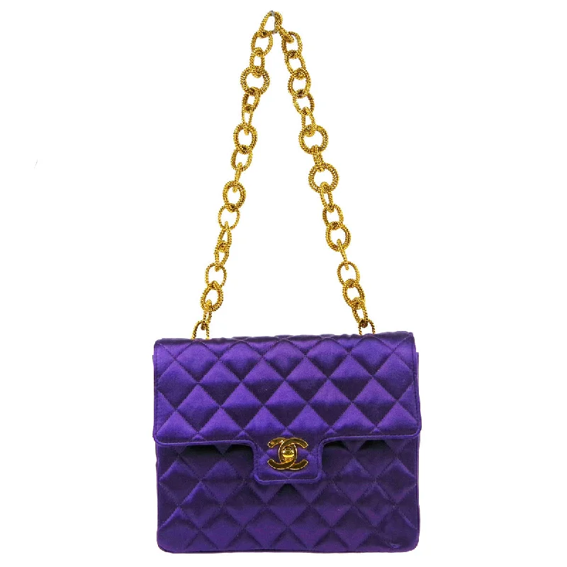 Chanel Handbag with Adjustable Strap for ComfortCHANEL * 1989-1991 Classic Single Flap Mini Purple Satin