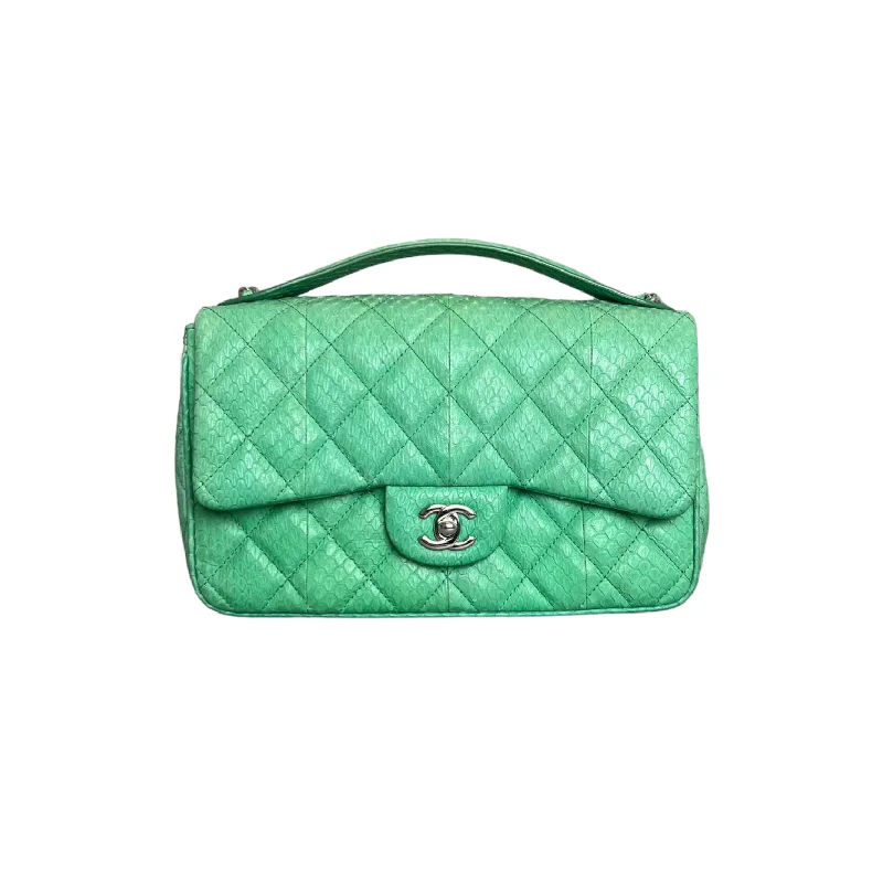 Chanel Black Handbag for Business MeetingsEasy Carry Flap Bag Quilted Snakeskin Medium Green SHW