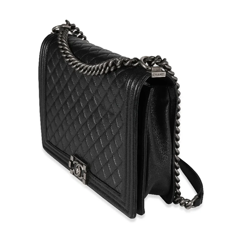 Chanel Designer Handbag with Unique DesignChanel Black Quilted Lambskin Large Boy Bag