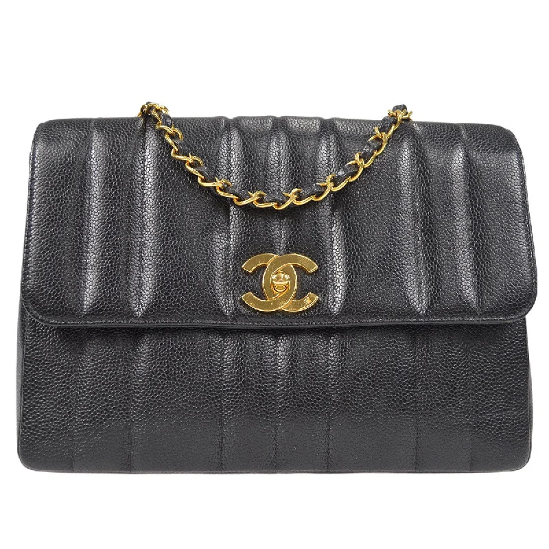 Chanel Medium Tote Bag for Office LadiesChanel 1994-1996 Black Caviar Medium Vertical Stitch Straight Flap Bag