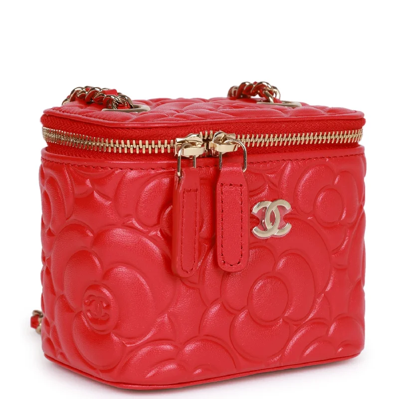 Chanel Designer Handbag with Unique DesignChanel Camellia Mini Vanity Case Red Lambskin Light Gold Hardware