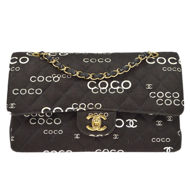 Chanel New Arrival Handbag with Gold HardwareChanel 2001-2003 COCO patterned Classic Double Flap Medium Black Canvas