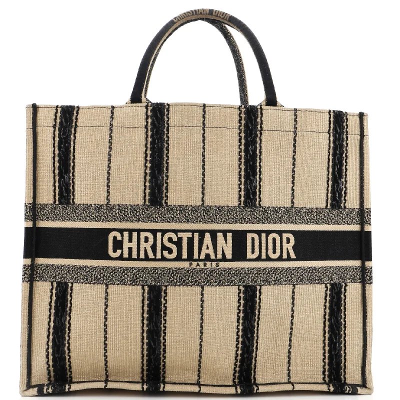 Stylish Christian Dior shoulder bags with a tassel - adorned zipperBook Tote Bayadere Stripe Embroidered Canvas Large